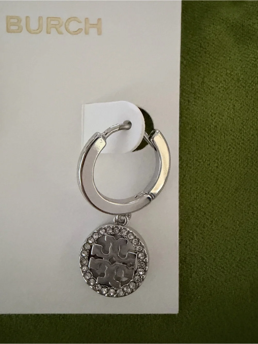 Tory Burch Silver Tone Crystal Paved Dangling Huggies Earrings